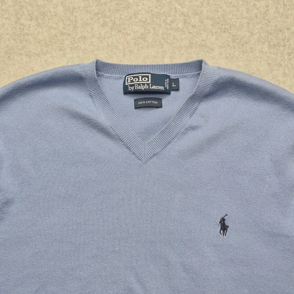 Polo Ralph Lauren Mens V-Neck Sweater Blue 100% Cotton Pony Logo Large